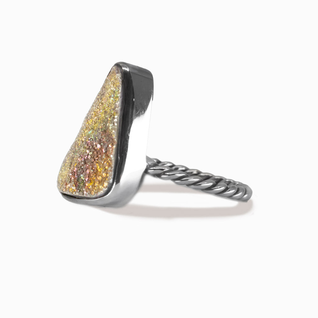 Triangle raw rainbow pyrite druzy ring set in sterling silver with rope band. MADE IN EARTH