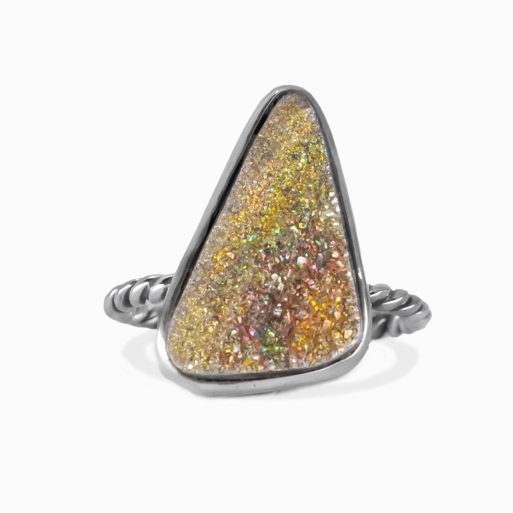 Triangle raw rainbow pyrite druzy ring set in sterling silver with rope band. MADE IN EARTH