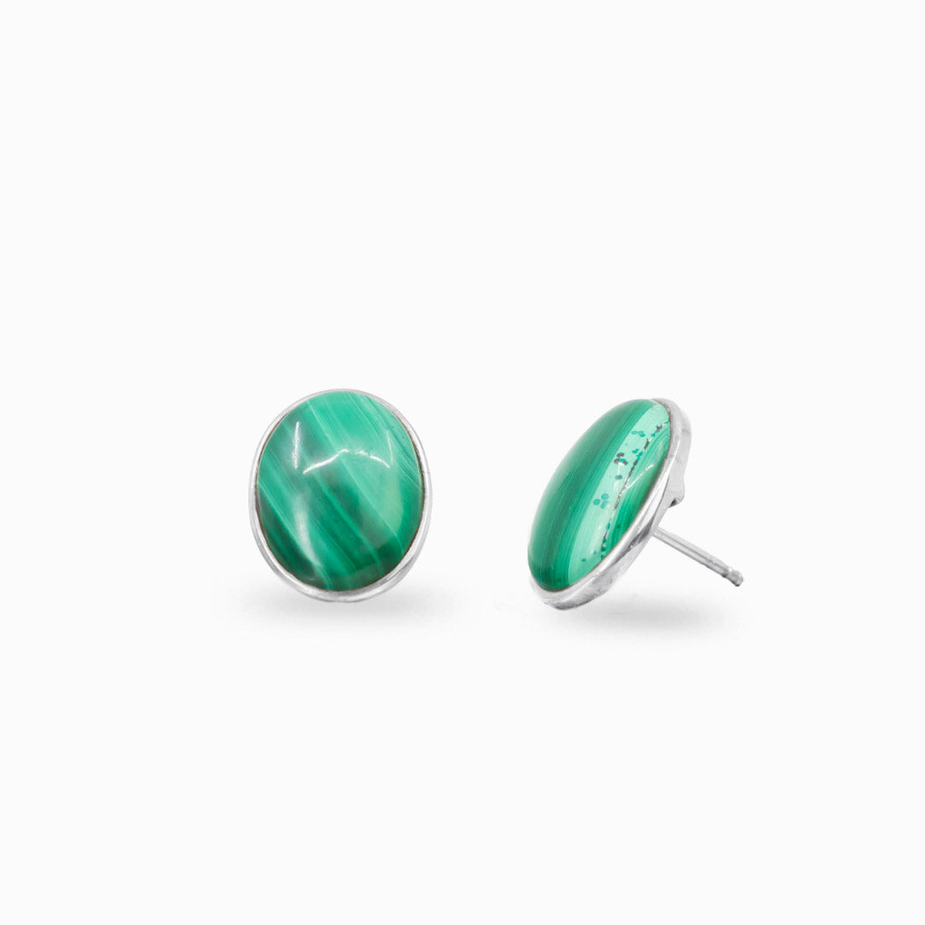 Oval malachite stud earrings in sterling silver