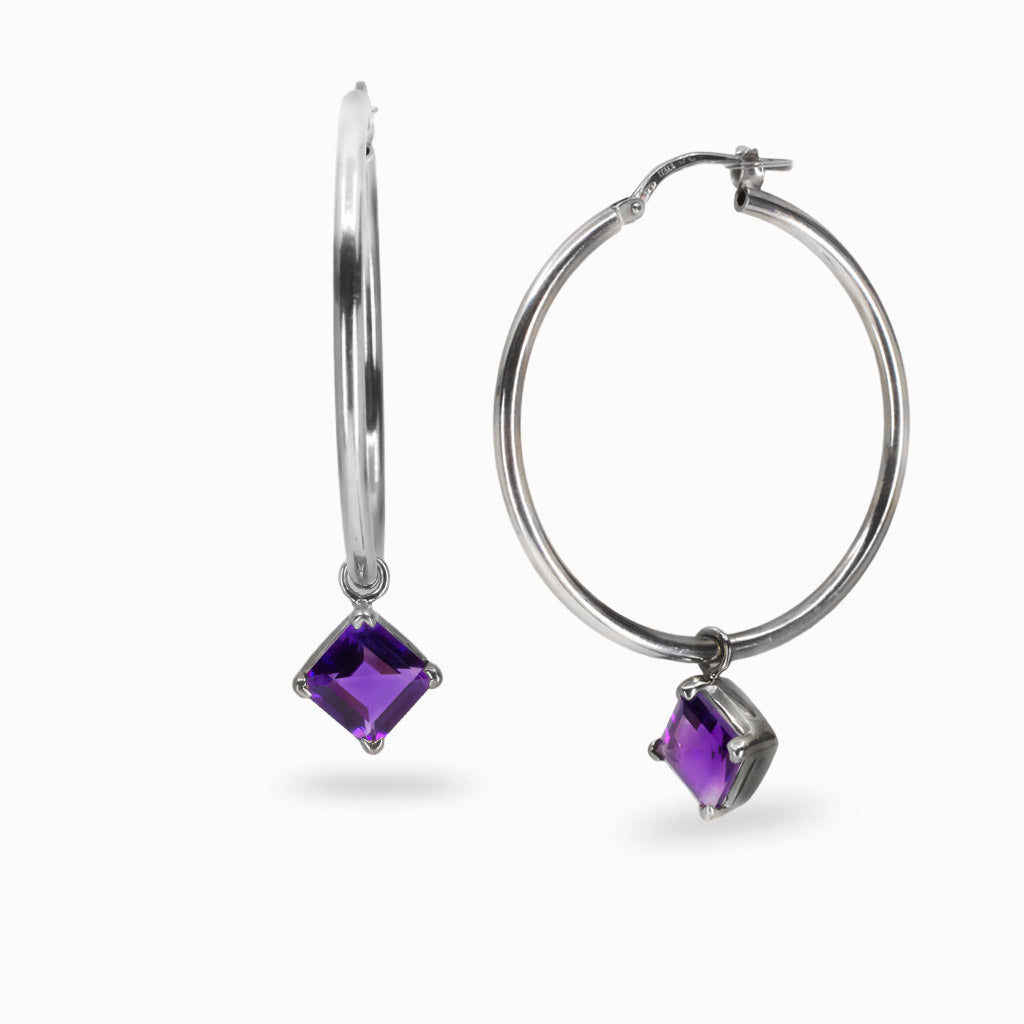 Faceted diamond-shaped amethyst gemstone hoop charms in sterling silver setting