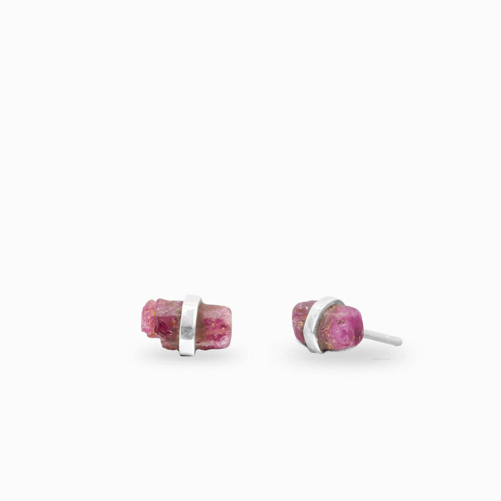 Raw ruby stud earrings in sterling silver