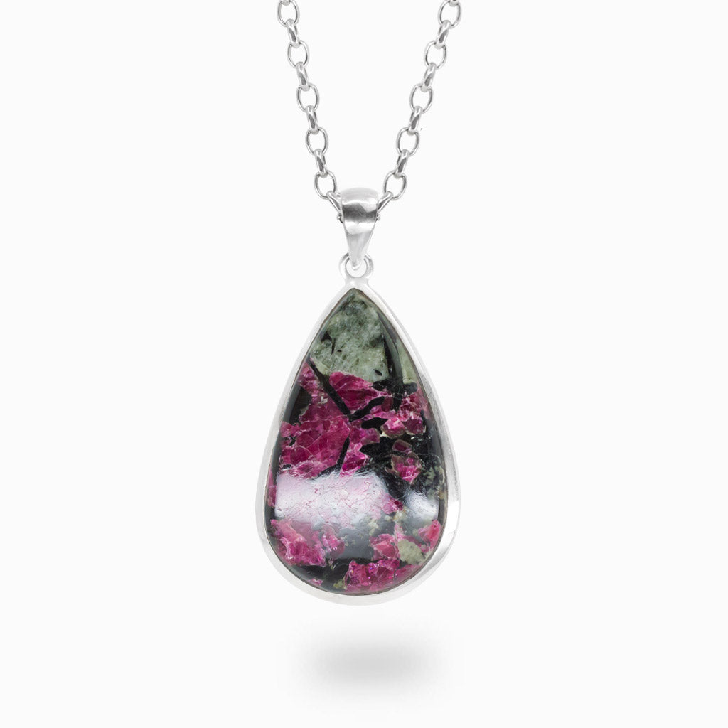 Eudialyte teardrop cabochon necklace in sterling silver