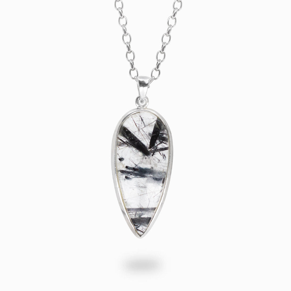 Tourmalinated quartz cabochon necklace in sterling silver