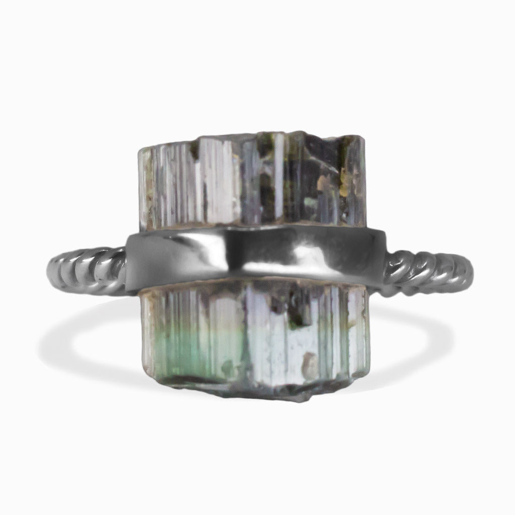 RAW GREEN TOURMALINE RING STERLING SILVER WITH ROPE BAND | MADE IN EARTH