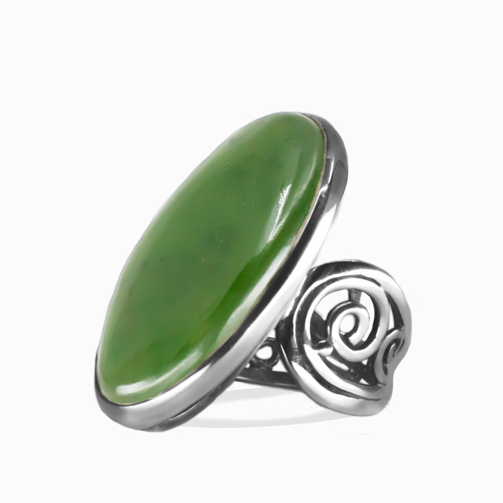 OVAL CABOCHON NEPHRITE JADE RING STERLING SILVER FILAGREE BAND  | MADE IN EARTH