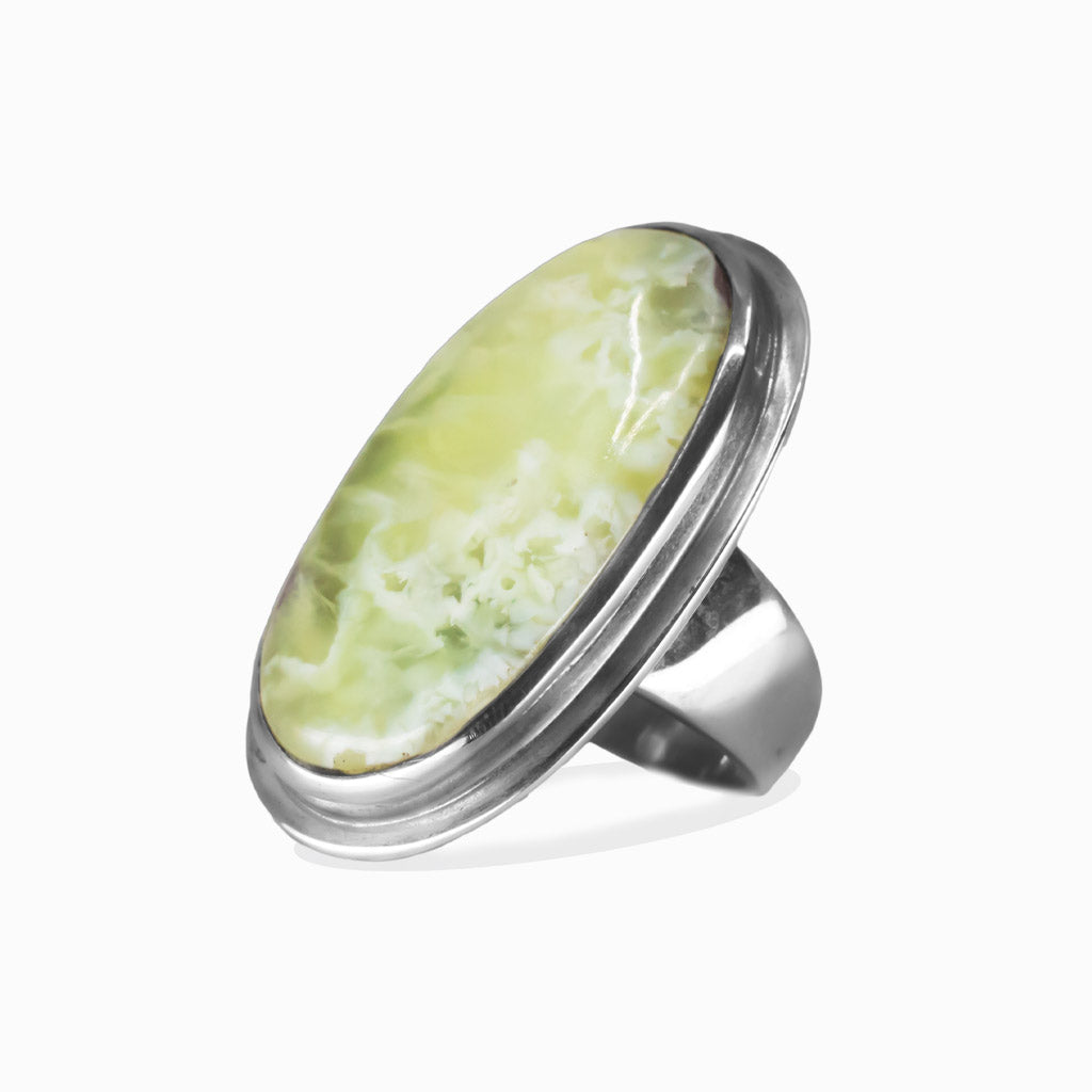CABOCHON PREHNITE OVAL RING STERLING SILVER | MADE IN EARTH