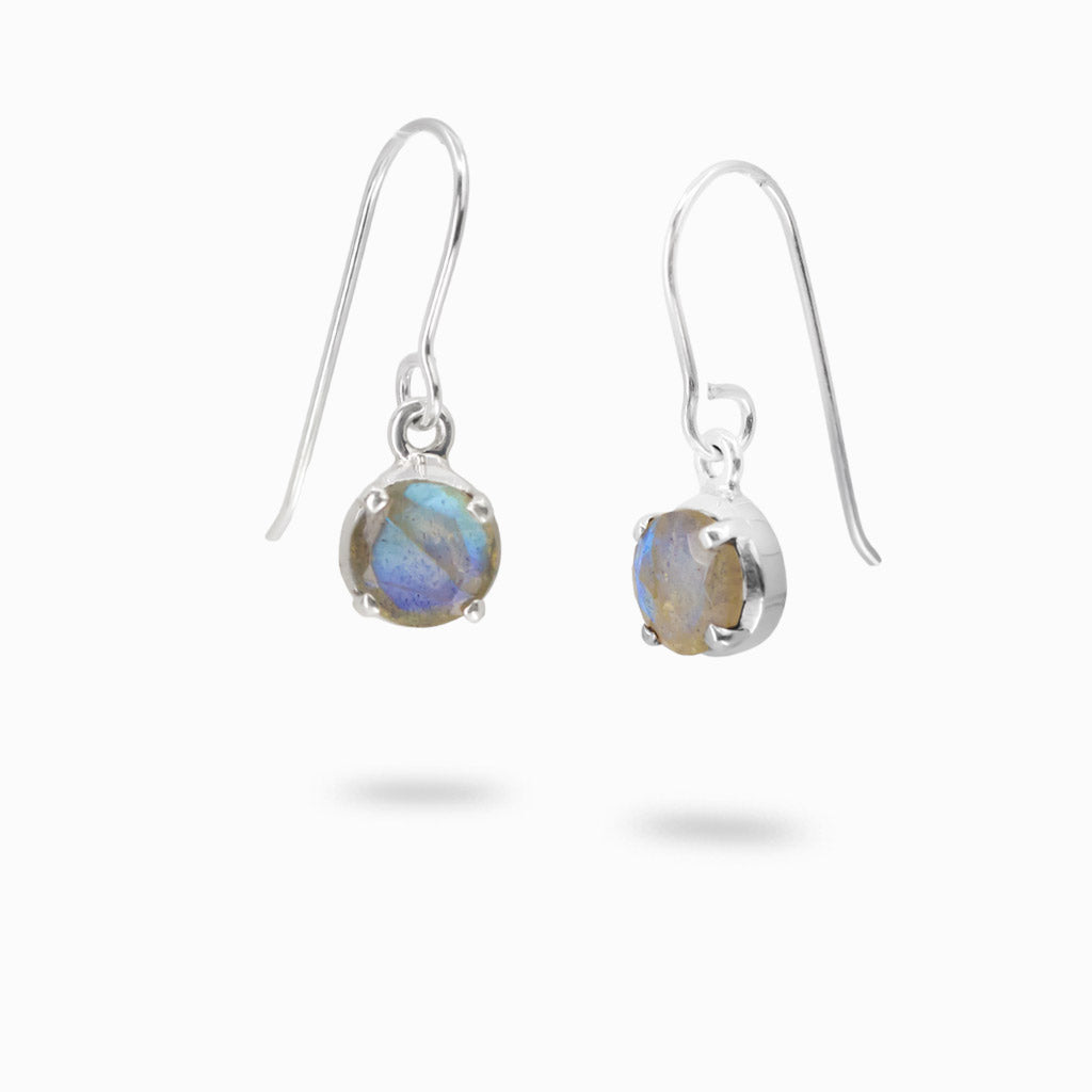 Faceted round labradorite drop earrings in sterling silver