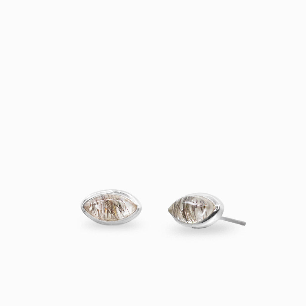 Marquise Tourmalinated Quartz earrings in sterling silver with natural black needle-like inclusions.