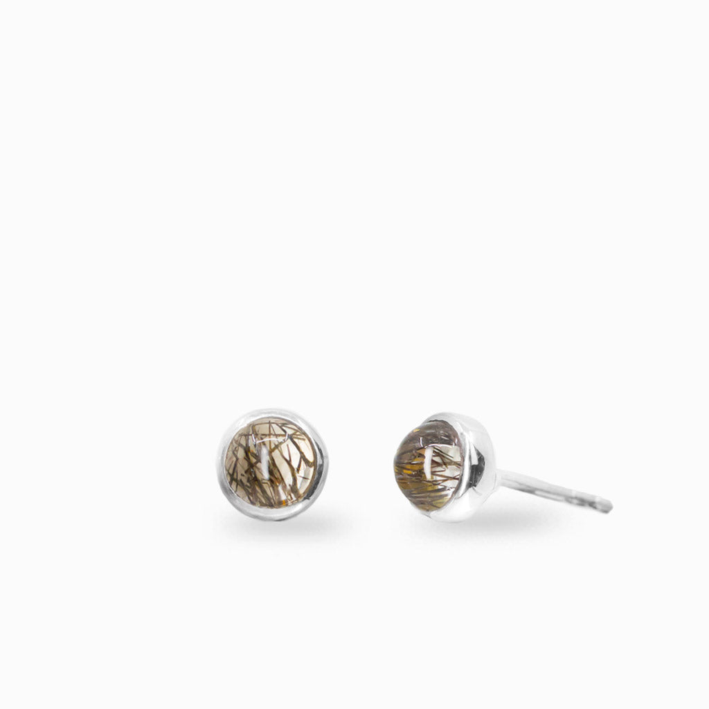 Round Tourmalinated Quartz stud earrings in sterling silver with black Tourmaline inclusions.