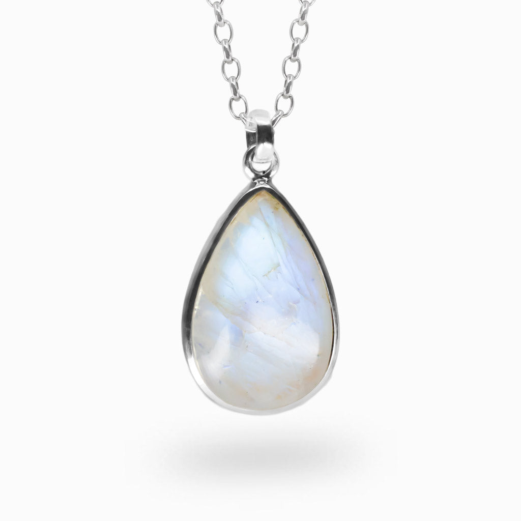 CABOCHON RAINBOW MOONSTONE TEAR SHAPED NECKLACE STERLING SILVER | MADE IN EARTH