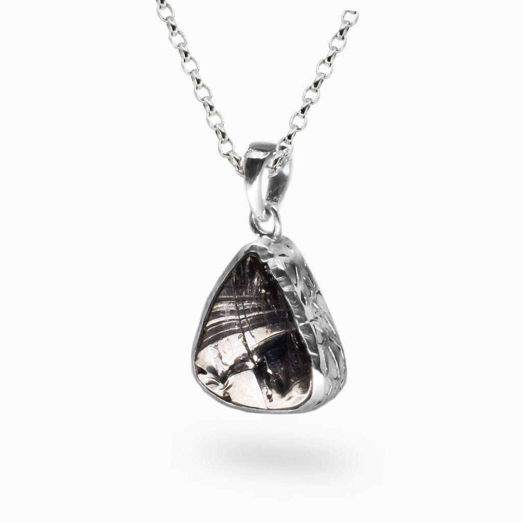 TEAR SHAPED RAW SHUNGHITE NECKLACE WITH TEXTURED SILVER BEZEL | MADE IN EARTH