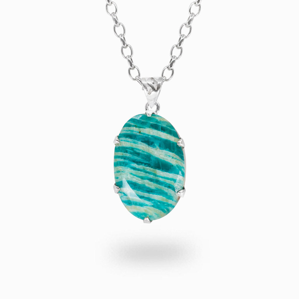 Faceted oval Amazonite pendant necklace in sterling silver featuring natural turquoise blue and cream banding.