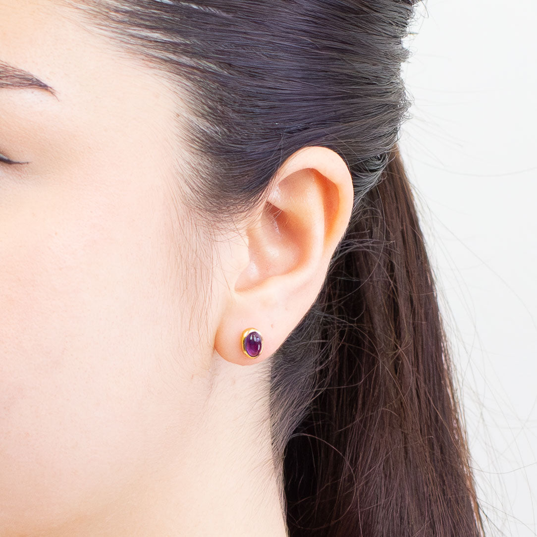 CABOCHON OVAL AMETHYST STUD EARRINGS WITH GOLD VERMEIL FINISH | MADE IN EARTH