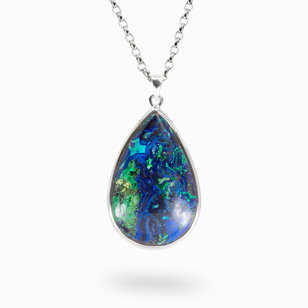 Teardrop-shaped AZURITE MALACHITE pendant on a silver chain against a white background