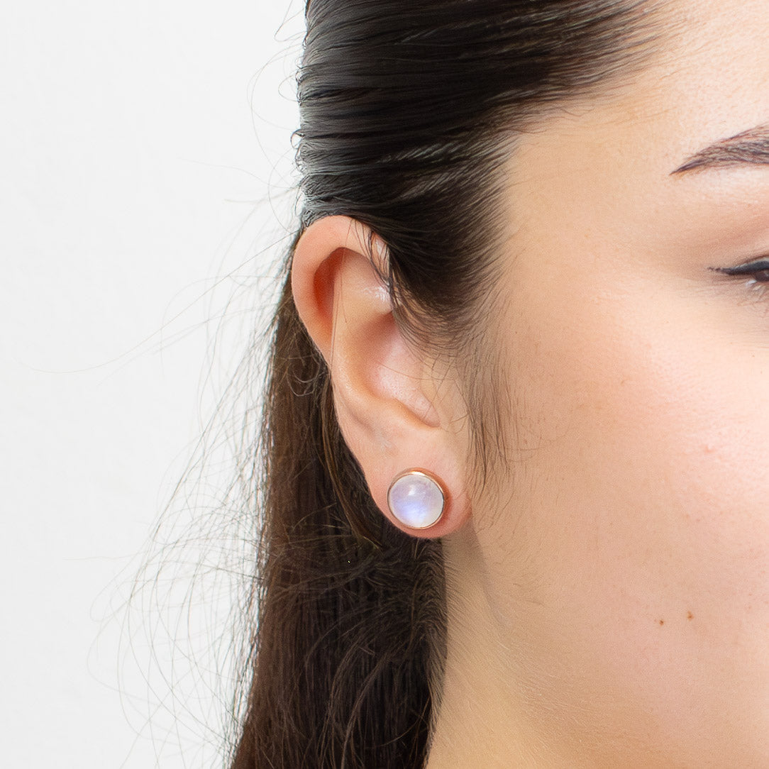 CABOCHON RAINBOW MOONSTONE STUD EARRINGS IN ROSE GOLD VERMEIL FINISH | MADE IN EARTH 