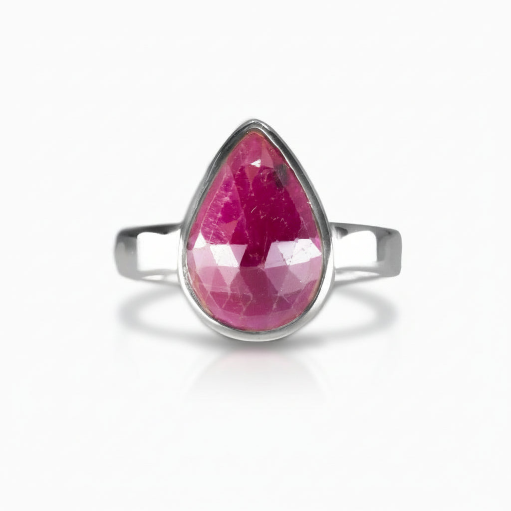 Teardrop faceted Ruby ring in sterling silver with deep crimson tones and natural internal patterns | MADE IN EARTH USA