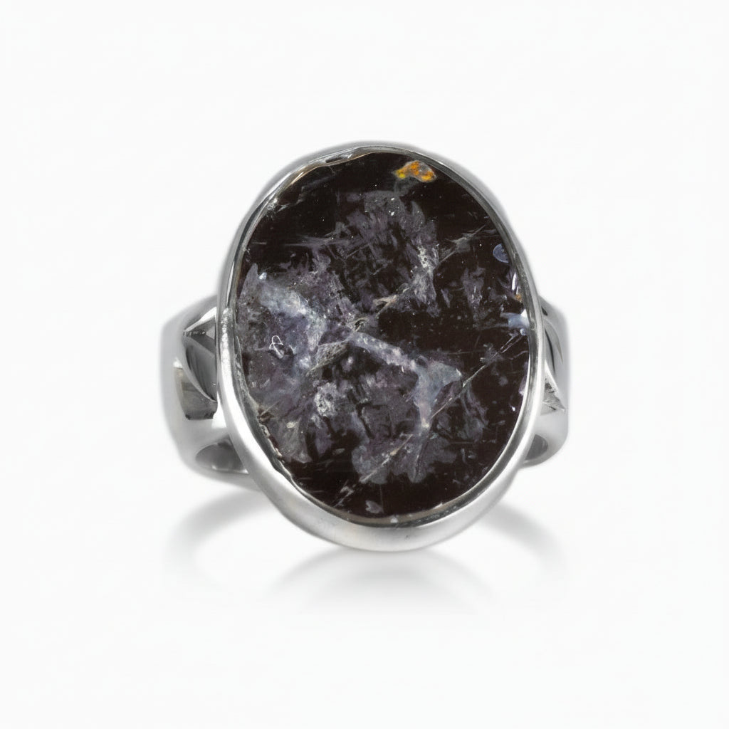 Oval polished Shungite ring in sterling silver, showing deep black reflective tones with natural mineral texture | MADE IN EARTH USA