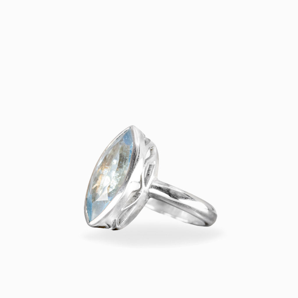 Marquise-cut Blue Topaz ring with faceted pale sky-blue gemstone, polished sterling silver bezel setting, and smooth band.