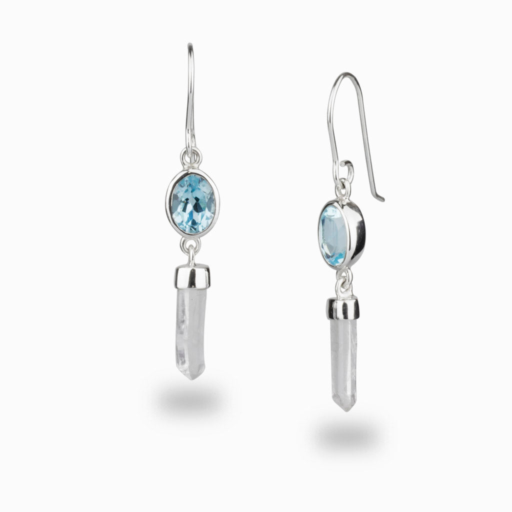 FACETED OVAL BLUE TOPAZ LASER QUARTZ EARRINGS |MADE IN EARTH