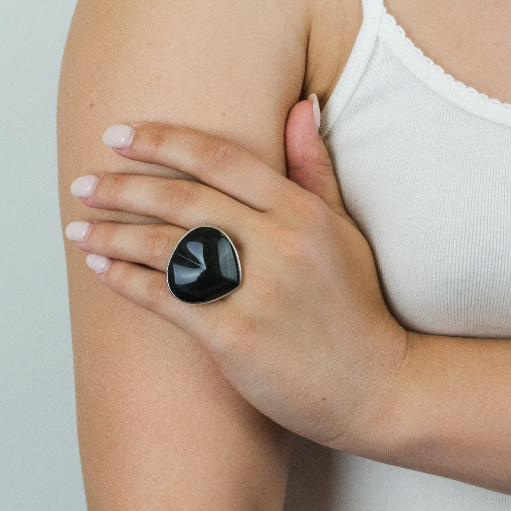 Cabochon Heart Rainbow Obsidian ring on model