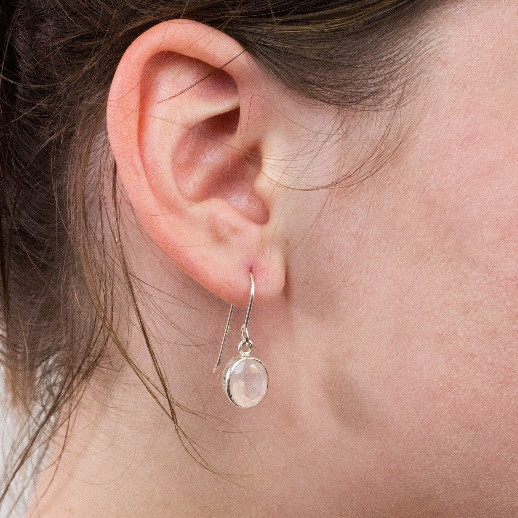 Rose Quartz drop earrings on model