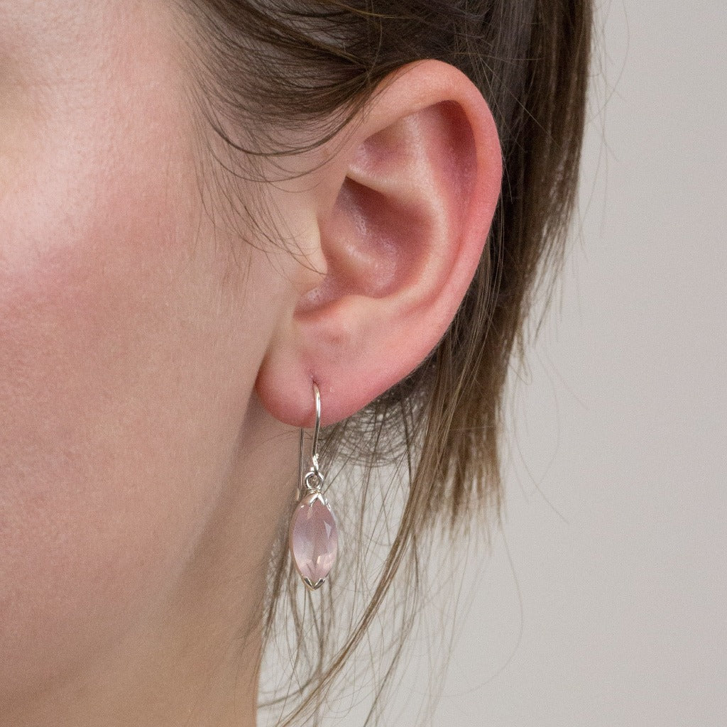 Rose Quartz drop earrings on model
