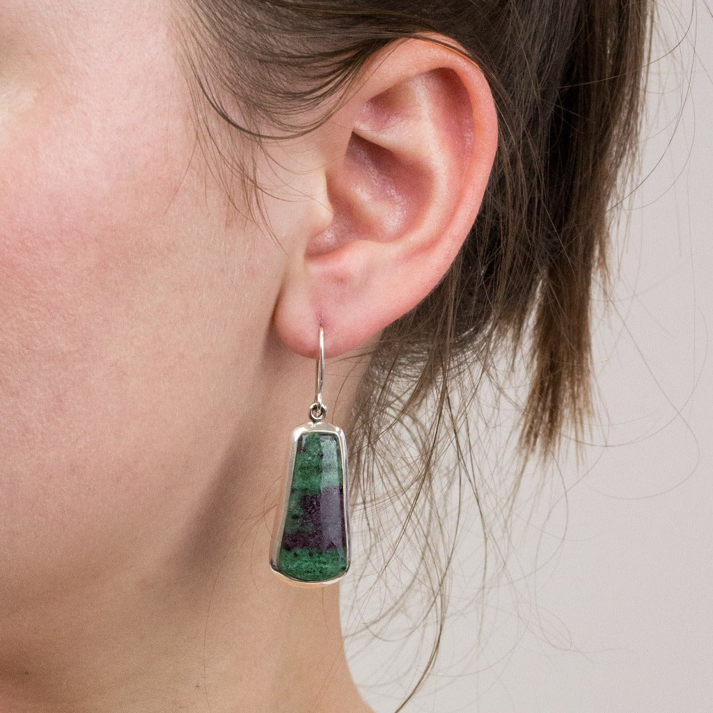 Ruby Zoisite drop earrings on model