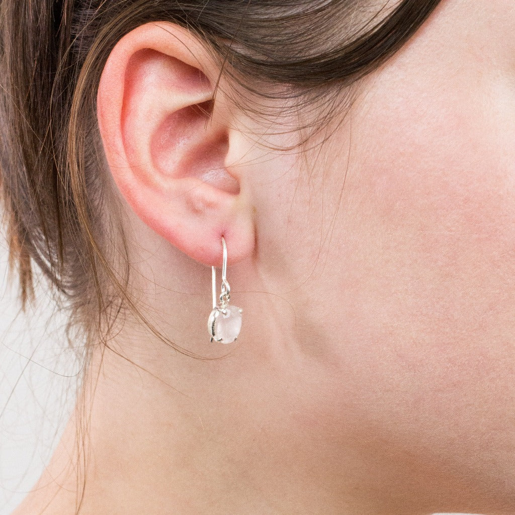 Rose Quartz drop earrings on model