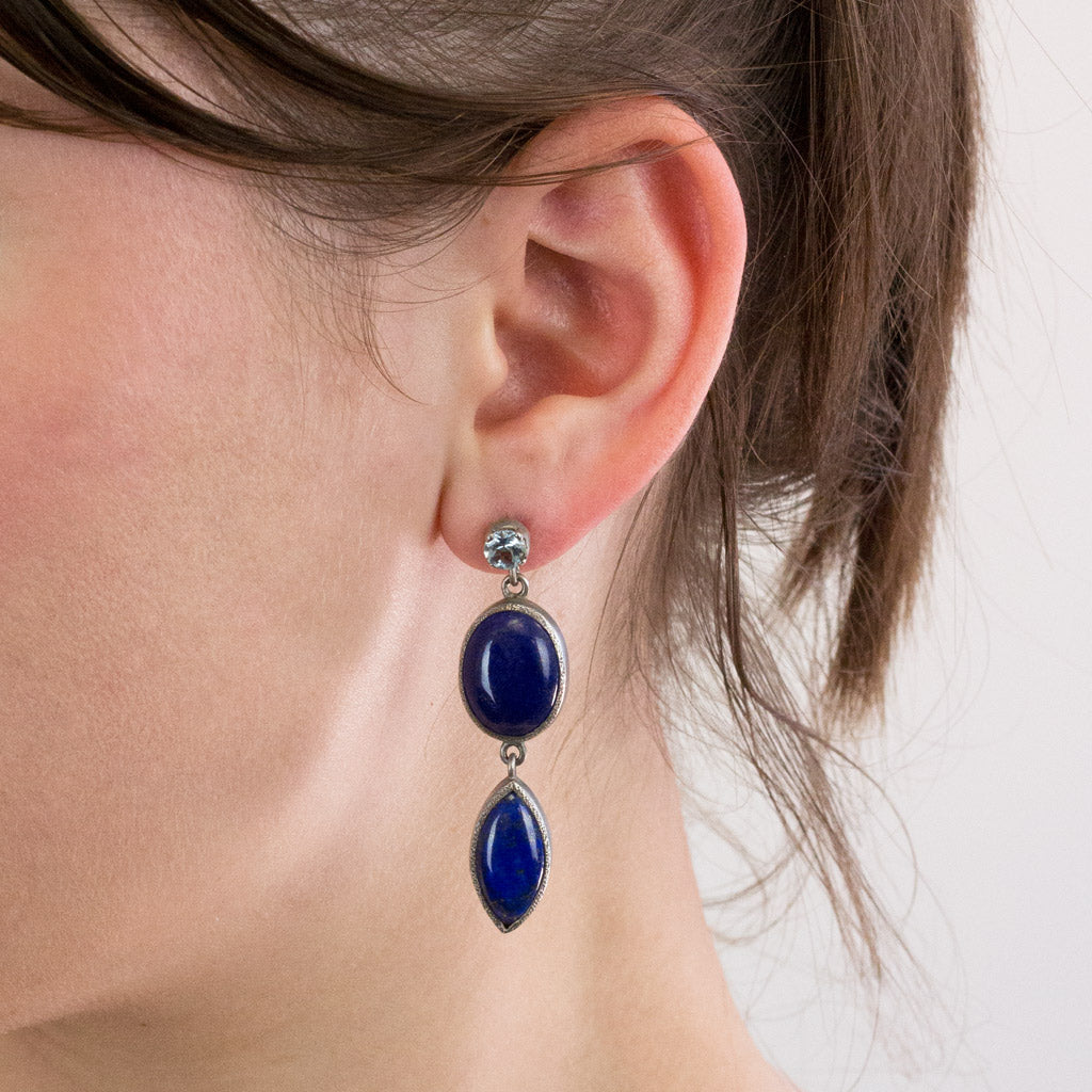 Lapis Lazuli and Blue Topaz stud drop earrings on model