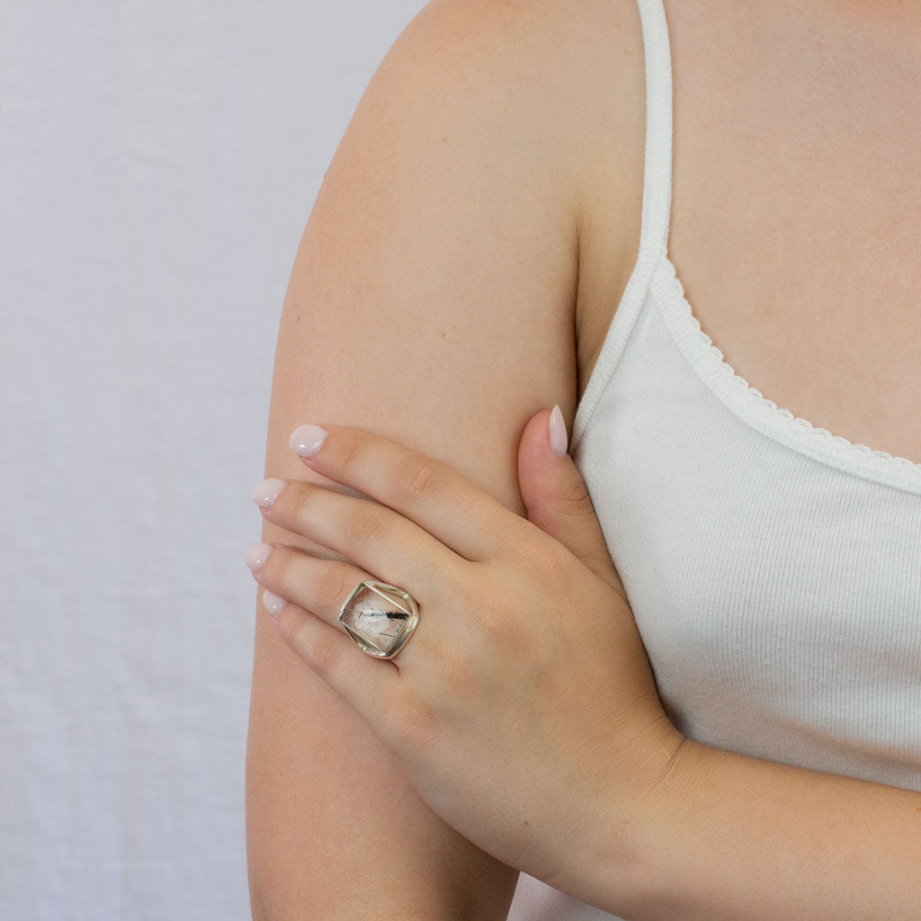 Tourmalinated Quartz ring on model