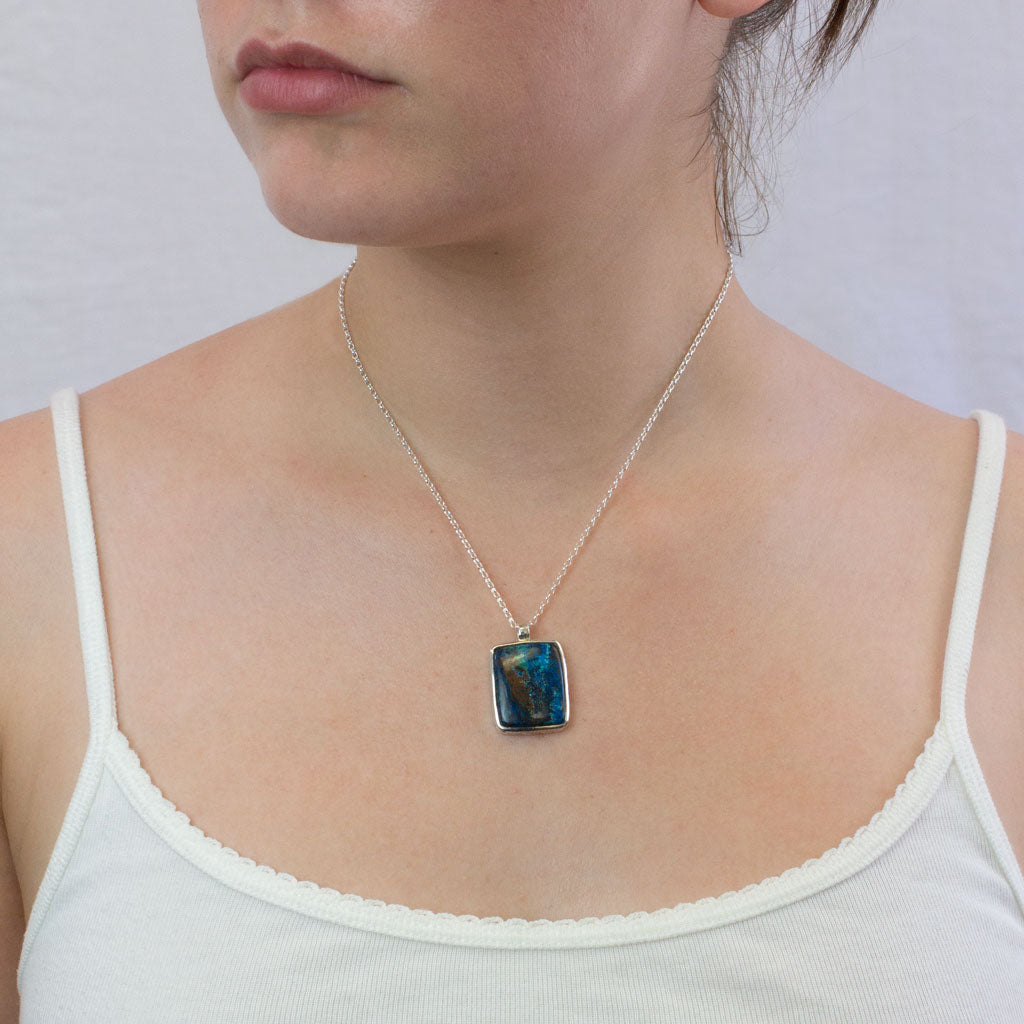 Shattuckite necklace on model