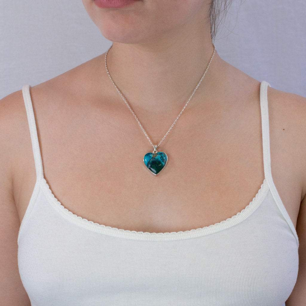 Shattuckite necklace on model