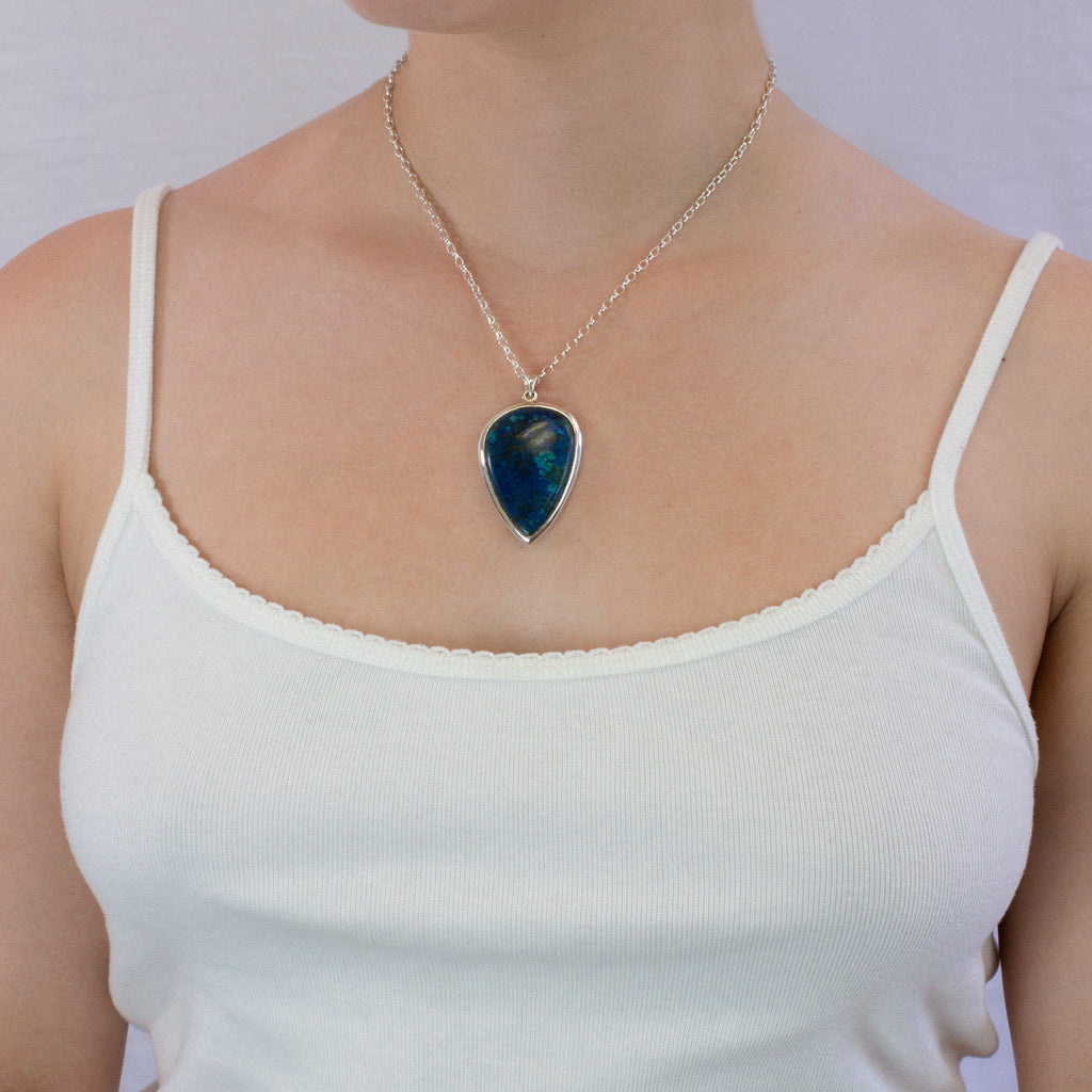 Shattuckite necklace on model