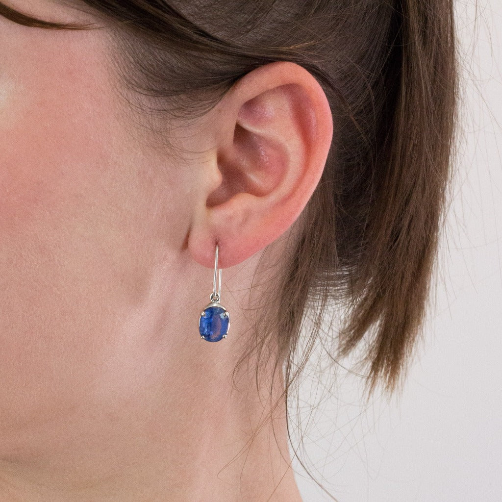 Kyanite drop earrings on model