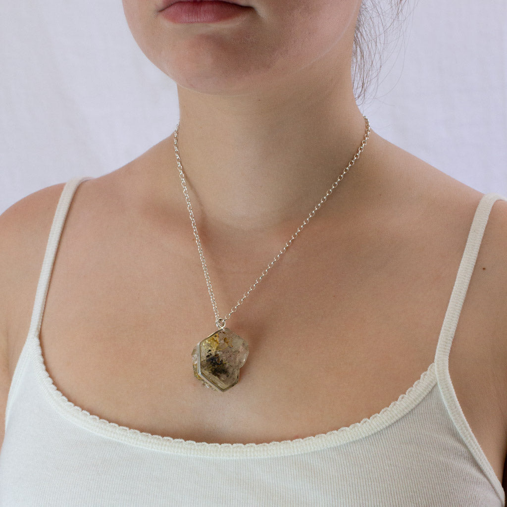 Raw Herkimer Diamond necklace on model