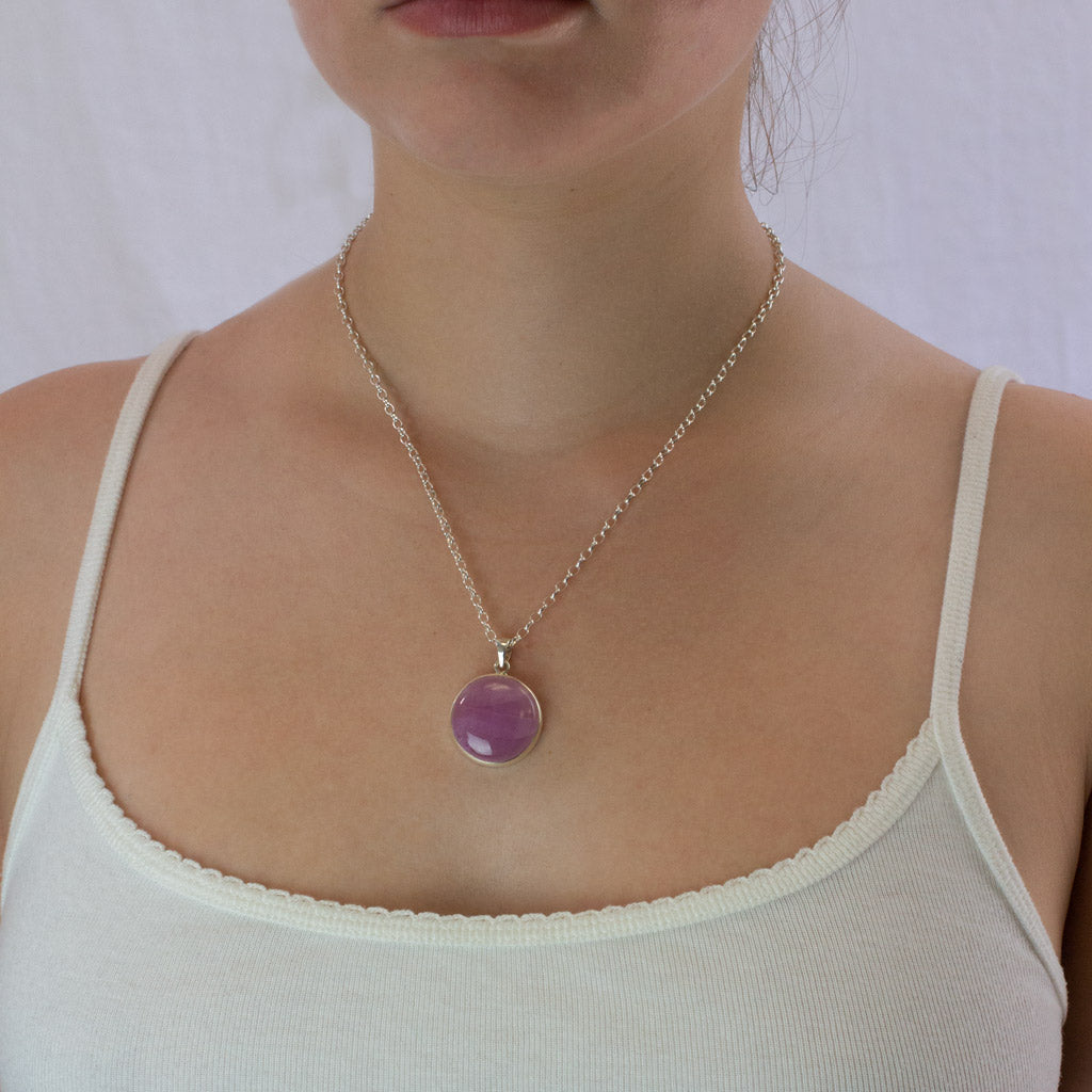 Round Cabochon Kunzite necklace on model