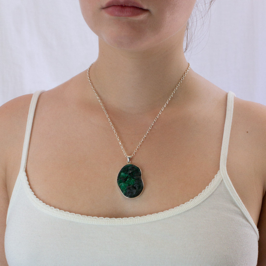 Fibrous Malachite necklace on model