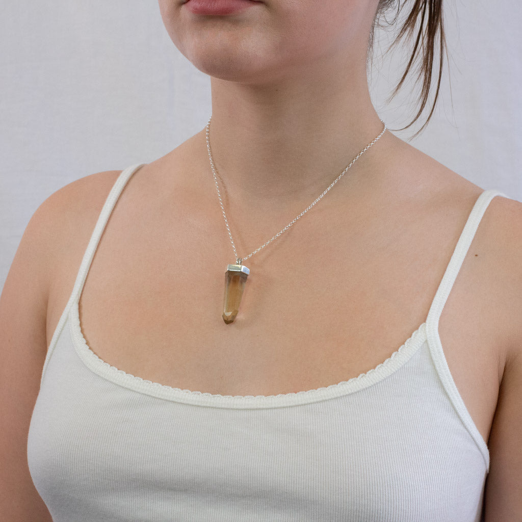 Faceted Point Citrine necklace on model