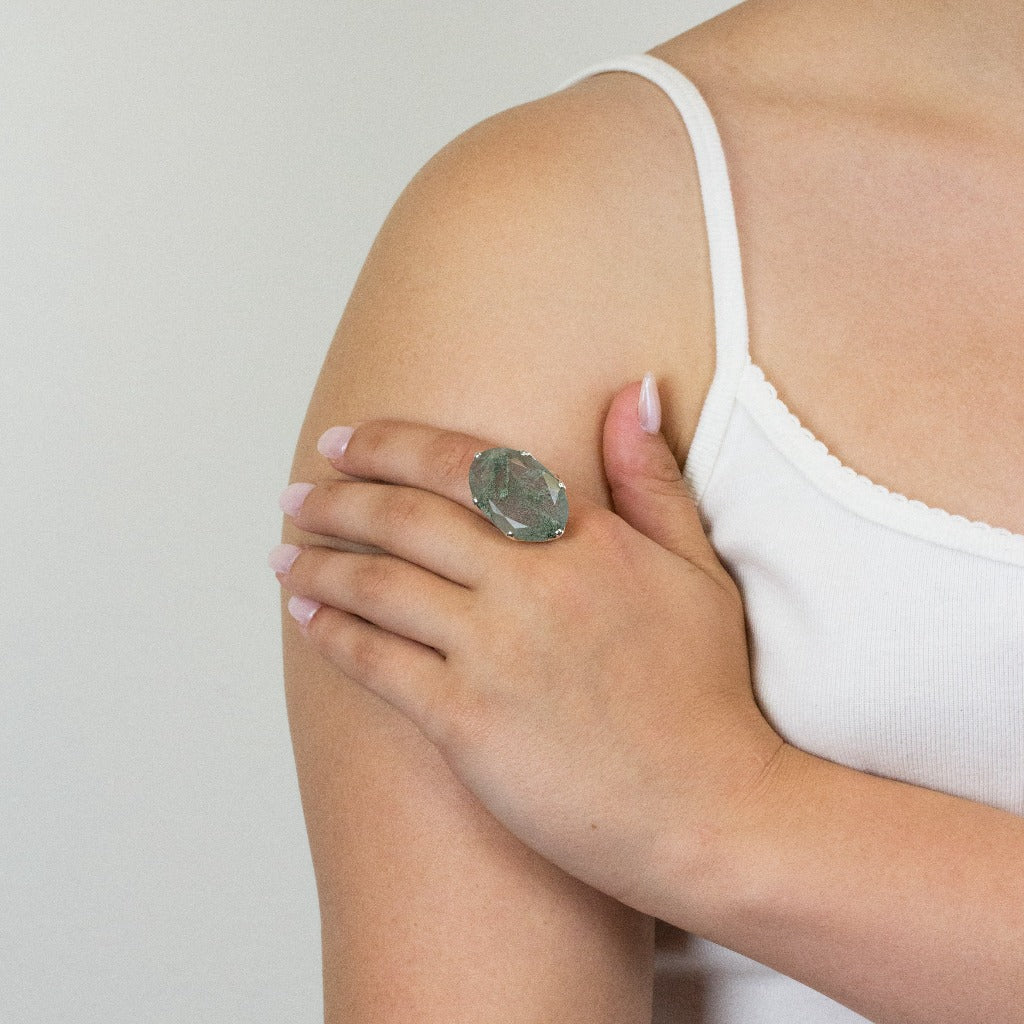 Moss Agate ring on model
