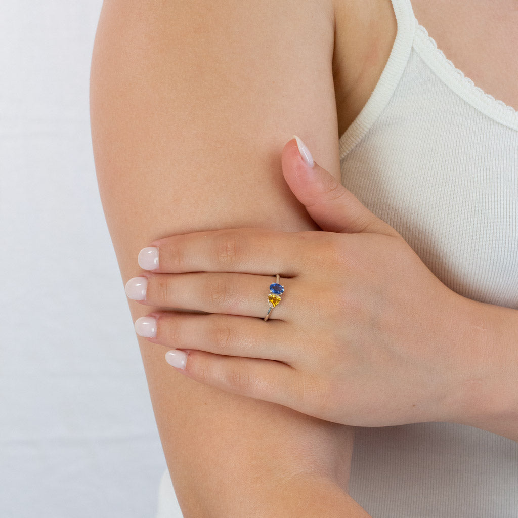 blue and yellow faceted Citrine and Kyanite ring on model