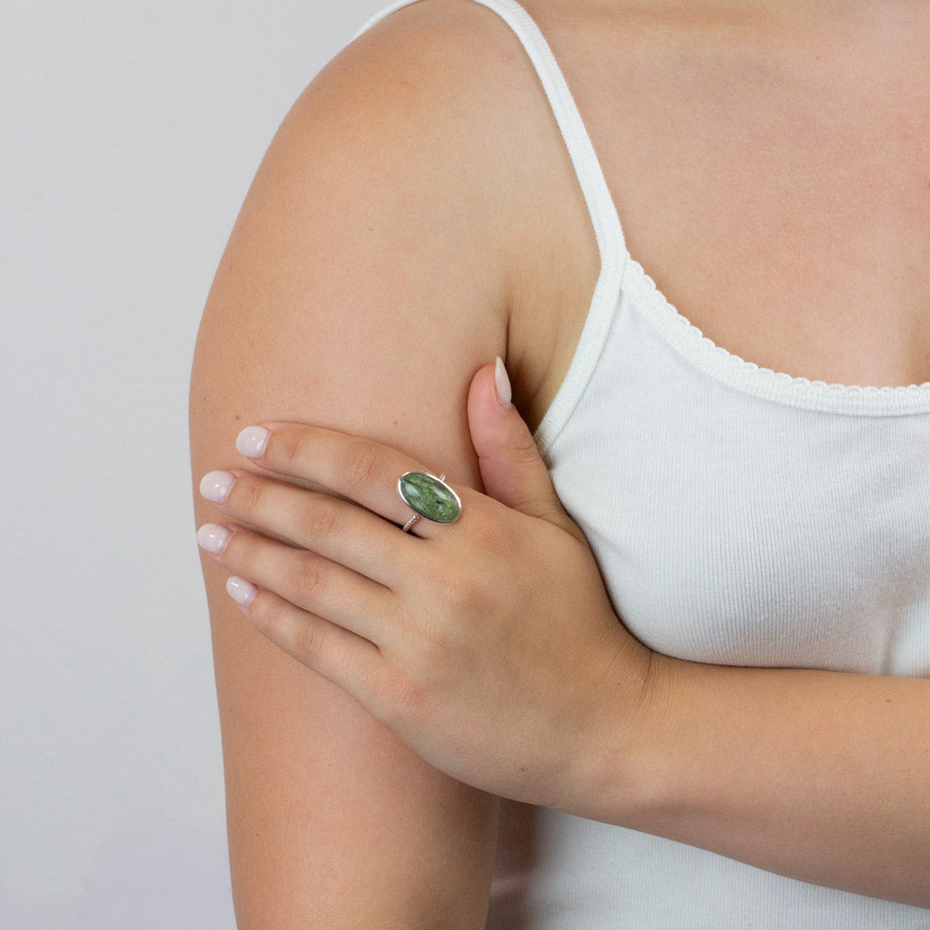 Green Kyanite ring on model