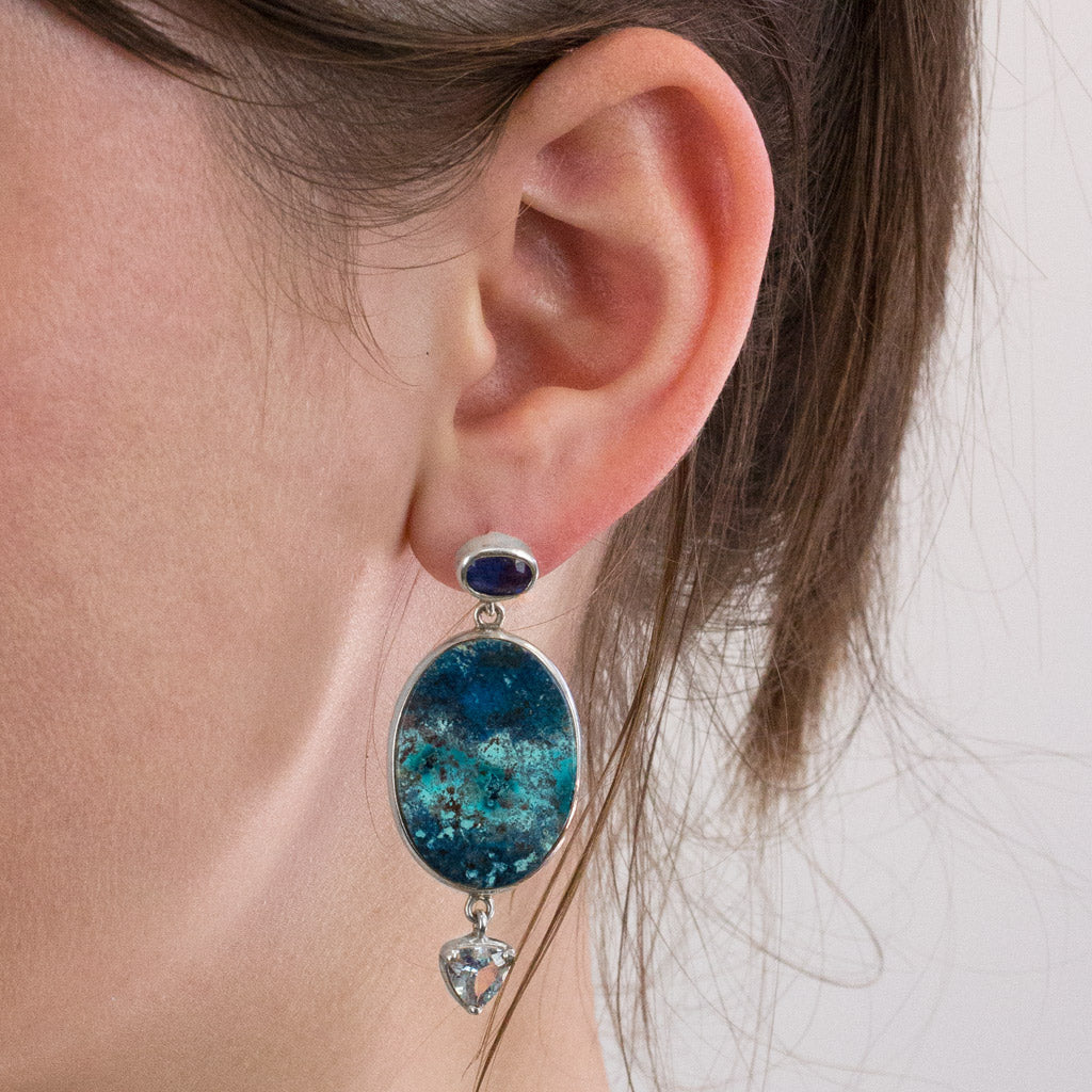 Kyanite, Shattuckite, and Blue Topaz stud drop earrings on model