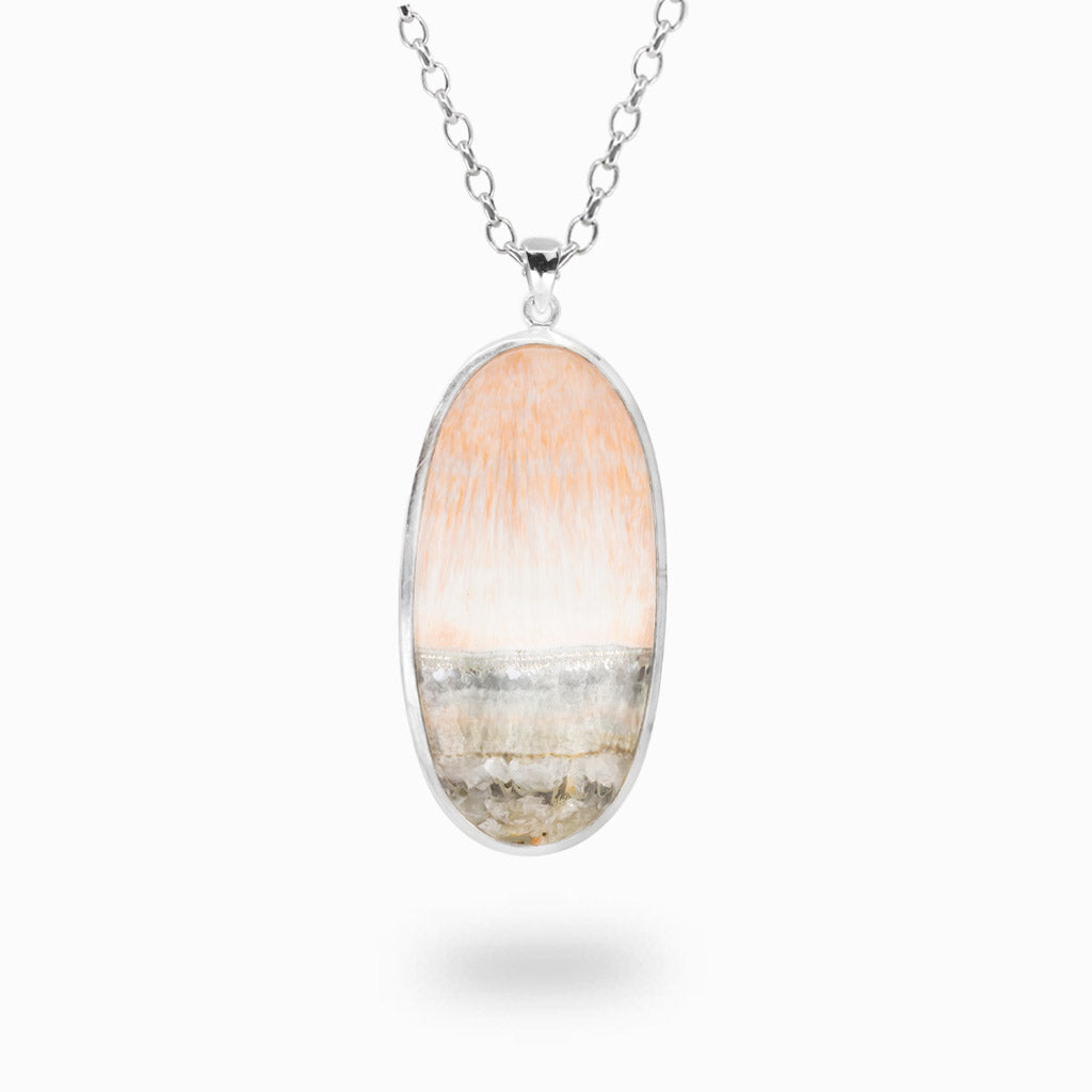 Oval Celestobarite pendant necklace in sterling silver featuring natural peach, cream, and gray coloration.