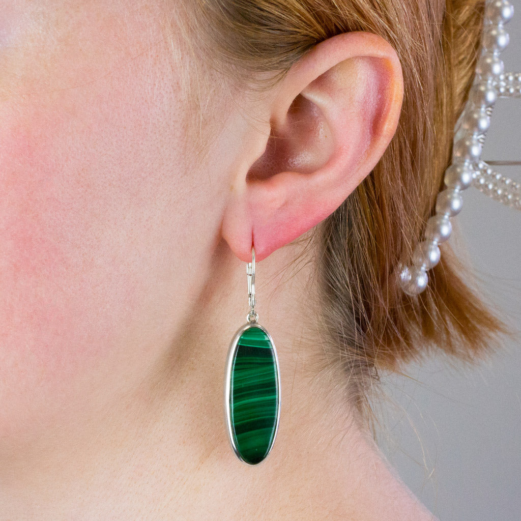 malachite drop earrings on model