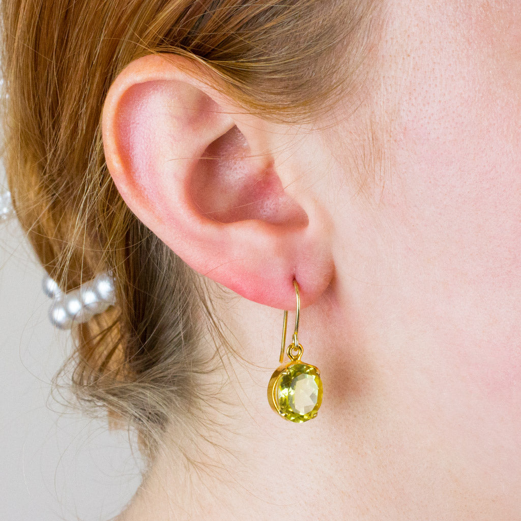 lemon quartz drop earrings on model