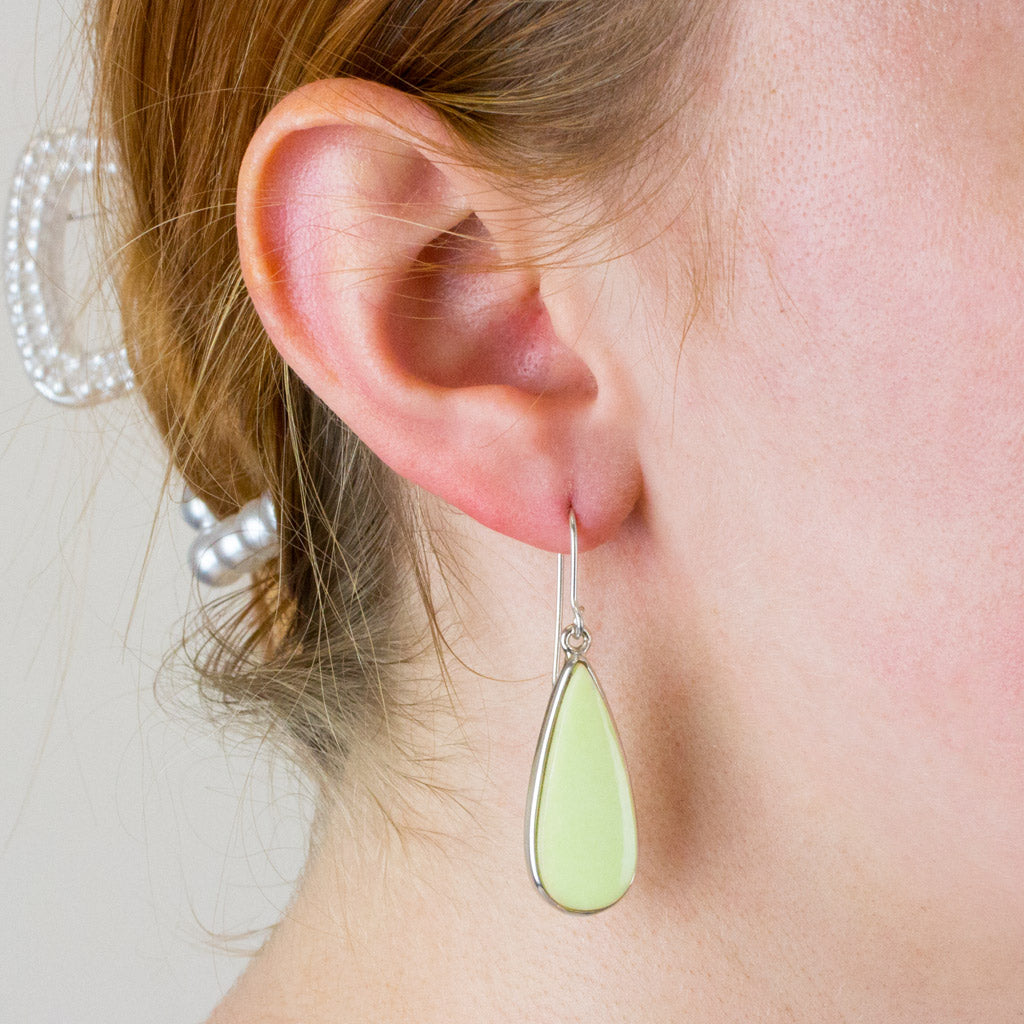 lemon chrysoprase drop earrings on model