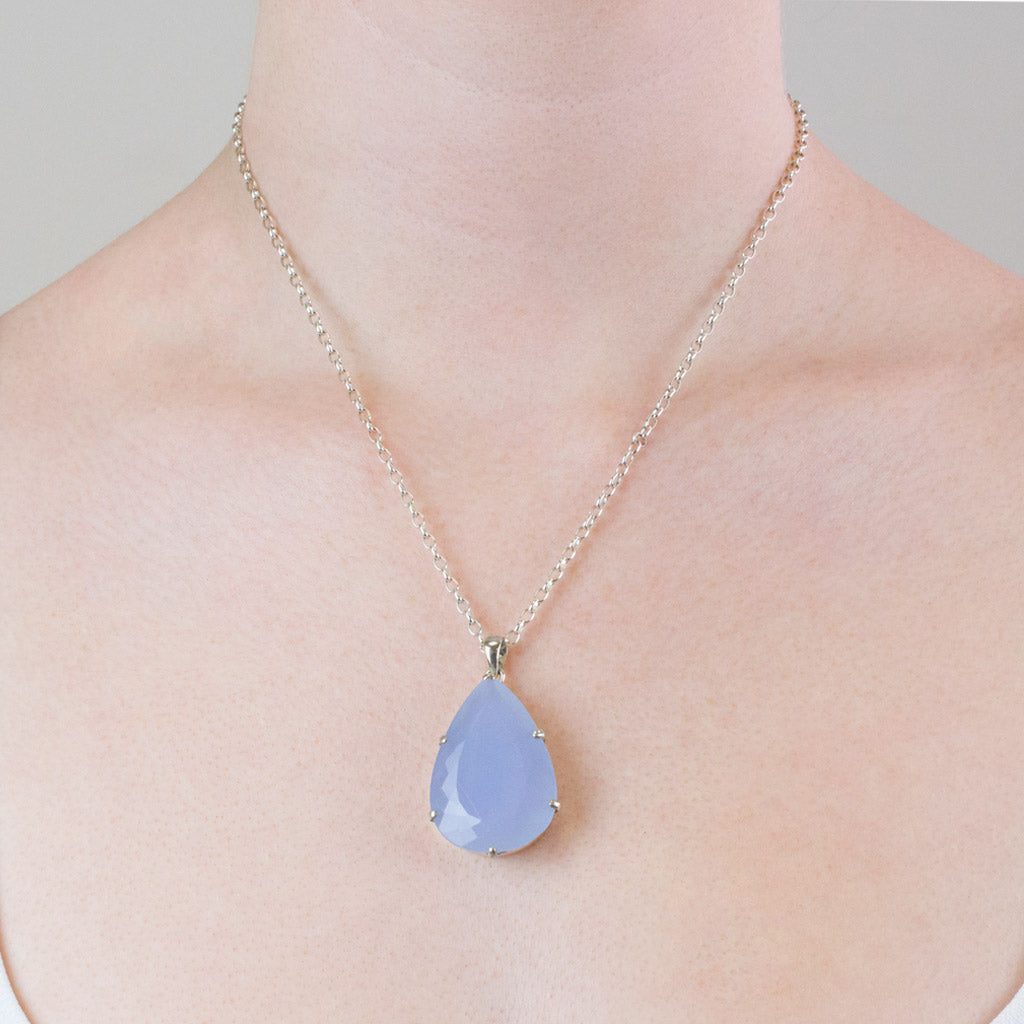  Teardrop Faceted pale muted Blue Chalcedony Necklace  Model