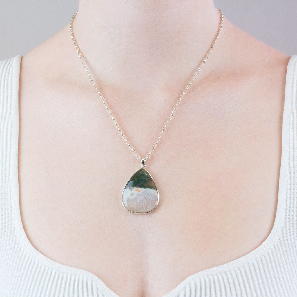moss agate necklace on model