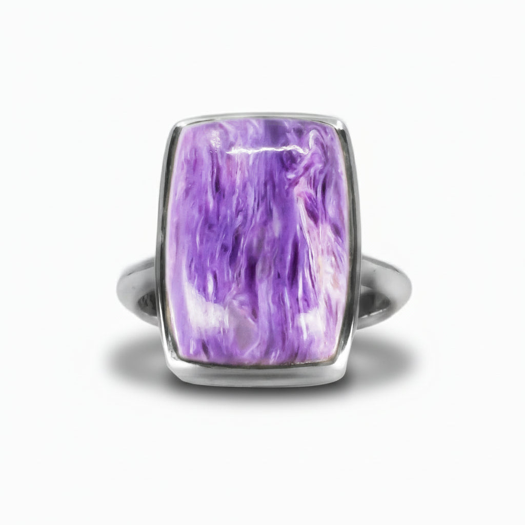 Charoite rectangular cabochon ring in sterling silver with swirling purple gemstone | MADE IN EARTH