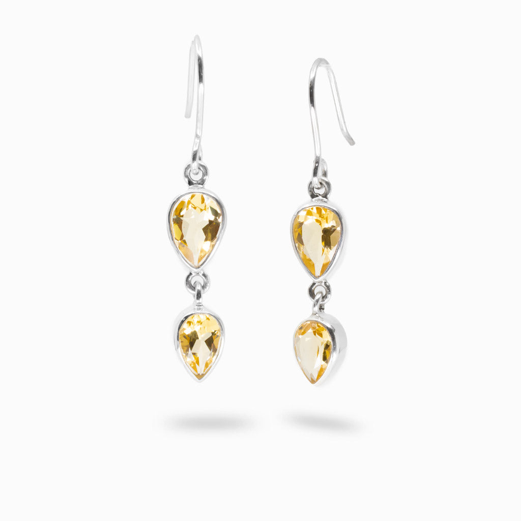 Double teardrop citrine drop earrings in sterling silver bezel